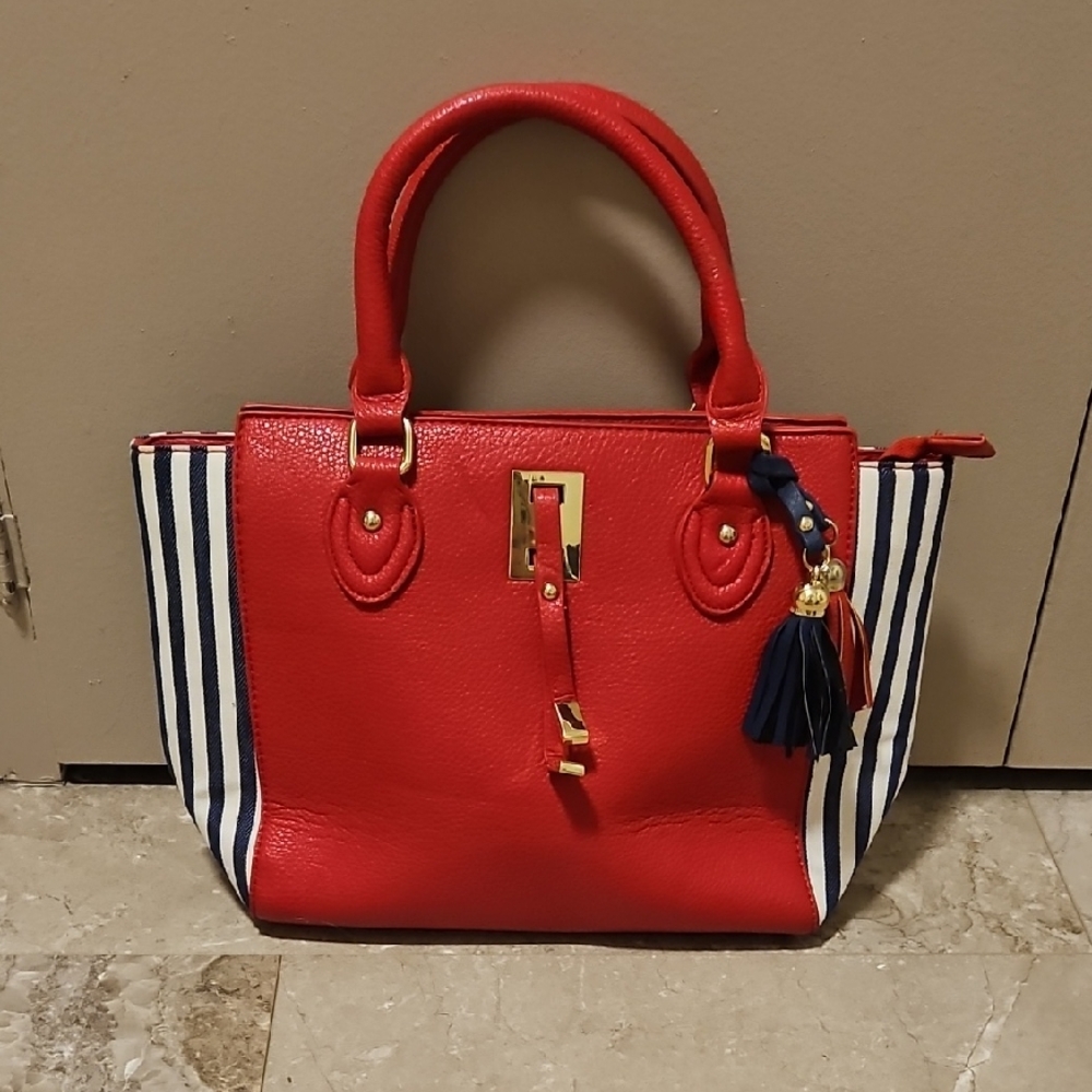 Charming Charlie Red Satchel with Navy Stripes